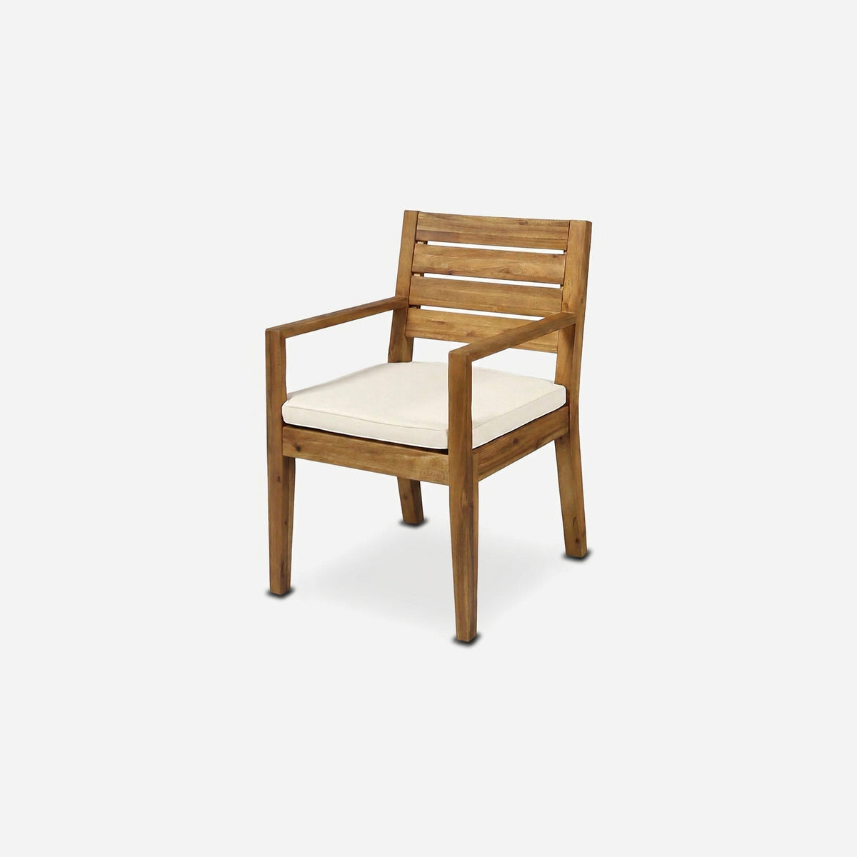 Acacia outdoor dining chair turned three-quarter, slatted back, flat arms and a cream seat cushion