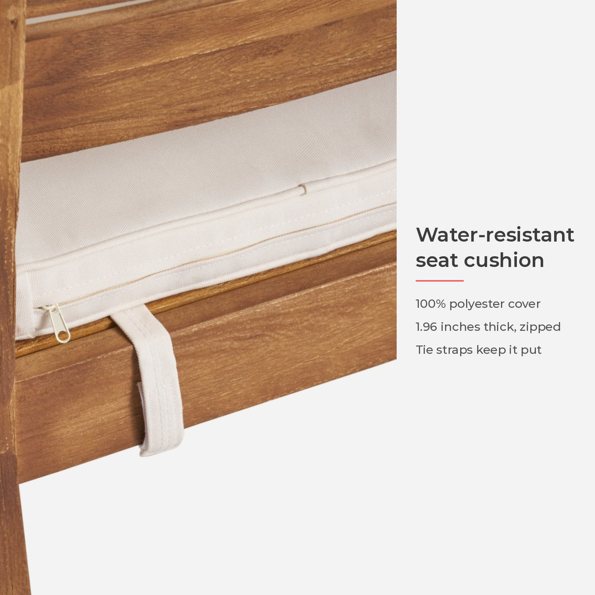Water-resistant polyester seat cushion with side zip and tie strap (feature callout)