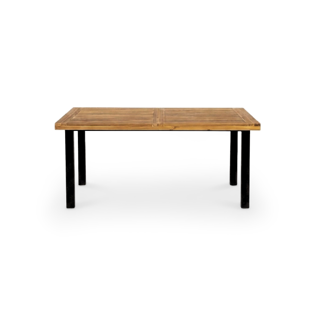 acacia wood dining table with iron legs for six, front view on #f3f3f3