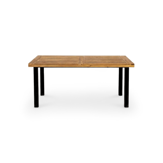 acacia wood dining table with iron legs for six, front view on #f3f3f3