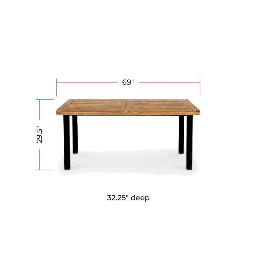 Acacia wood dining table with black iron legs measures 69 x 32.25 x 29.5 inches (dimensions)
