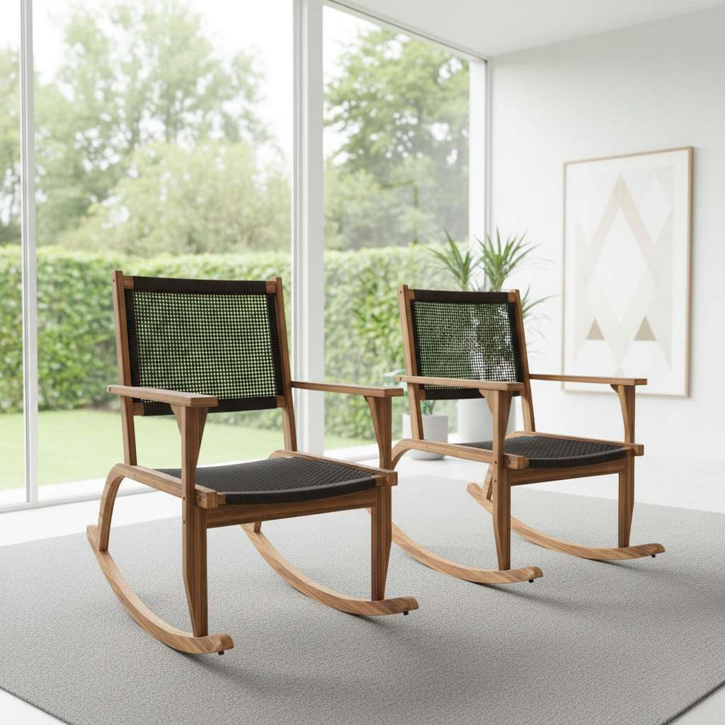 Set of 2 acacia wood rocking chairs with woven backs, styled in a sun-drenched room with floor-to-ceiling windows.