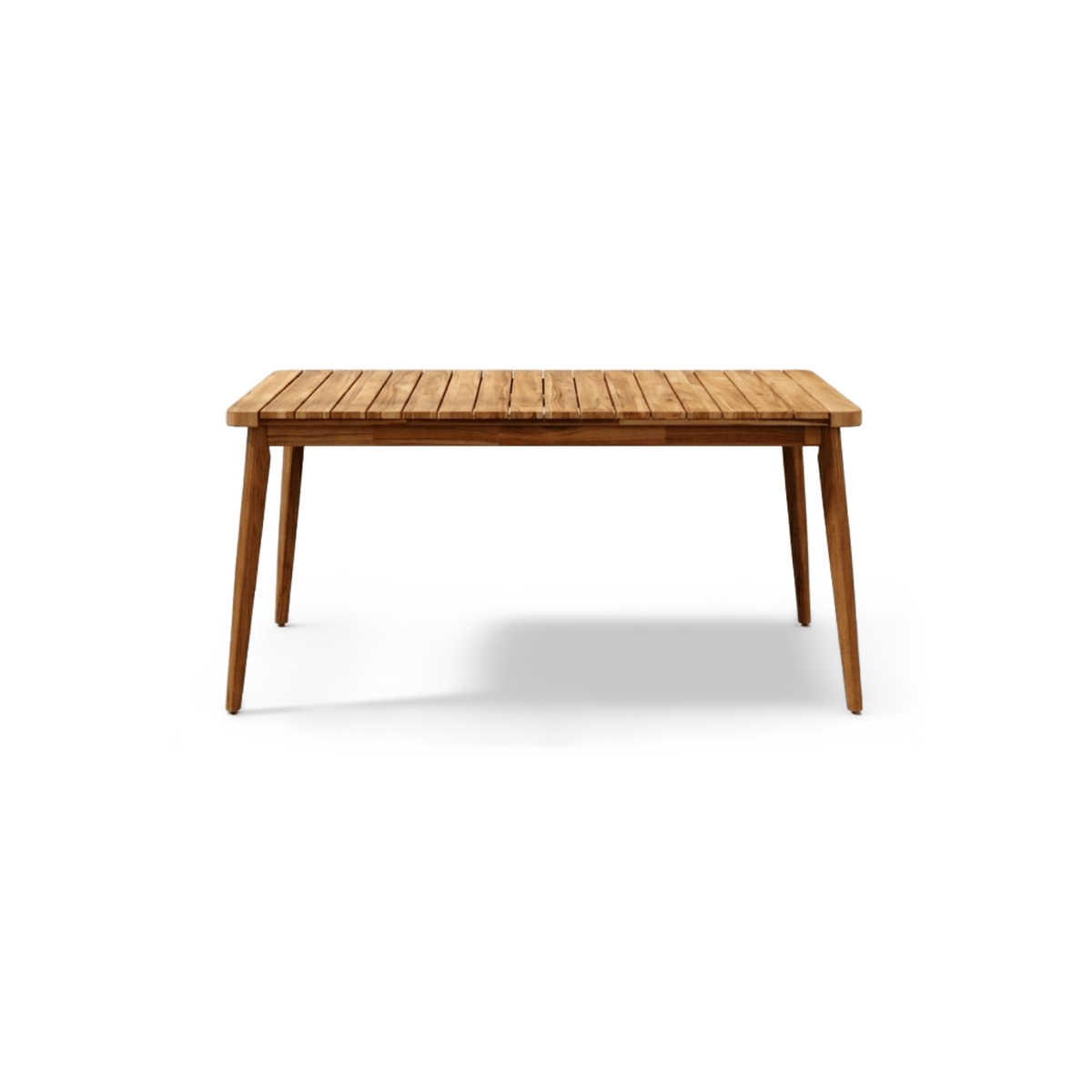 Acacia wood outdoor dining table with a slatted top and four tapered legs, front view