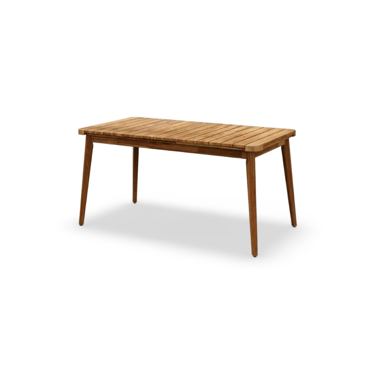 Acacia outdoor table with a slatted top and tapered legs, angled view
