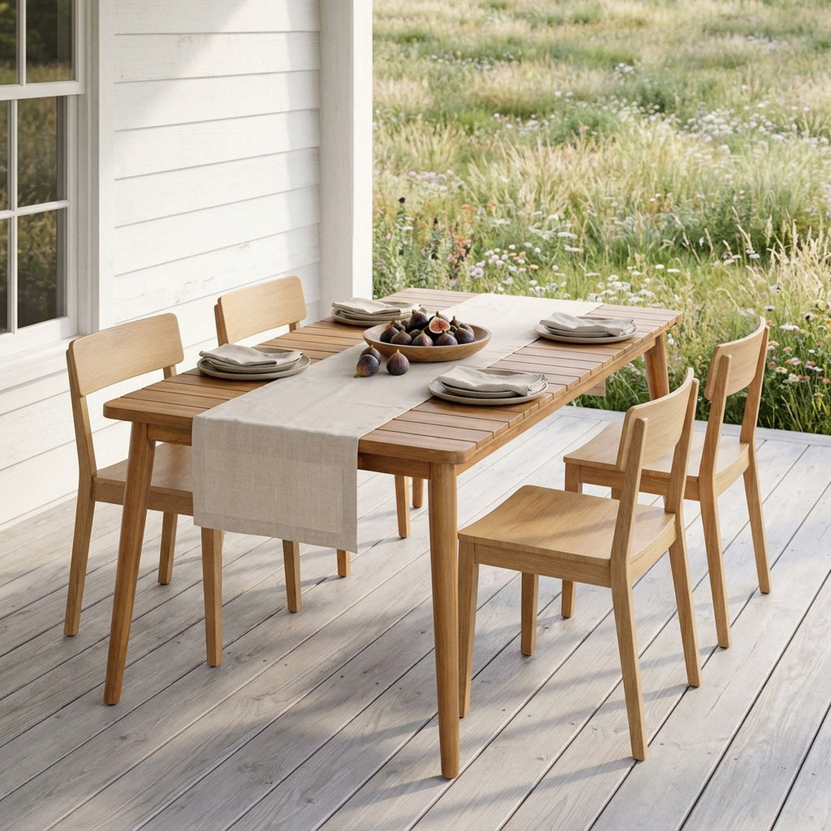 Acacia wood outdoor dining table set on a sunlit veranda, wide view