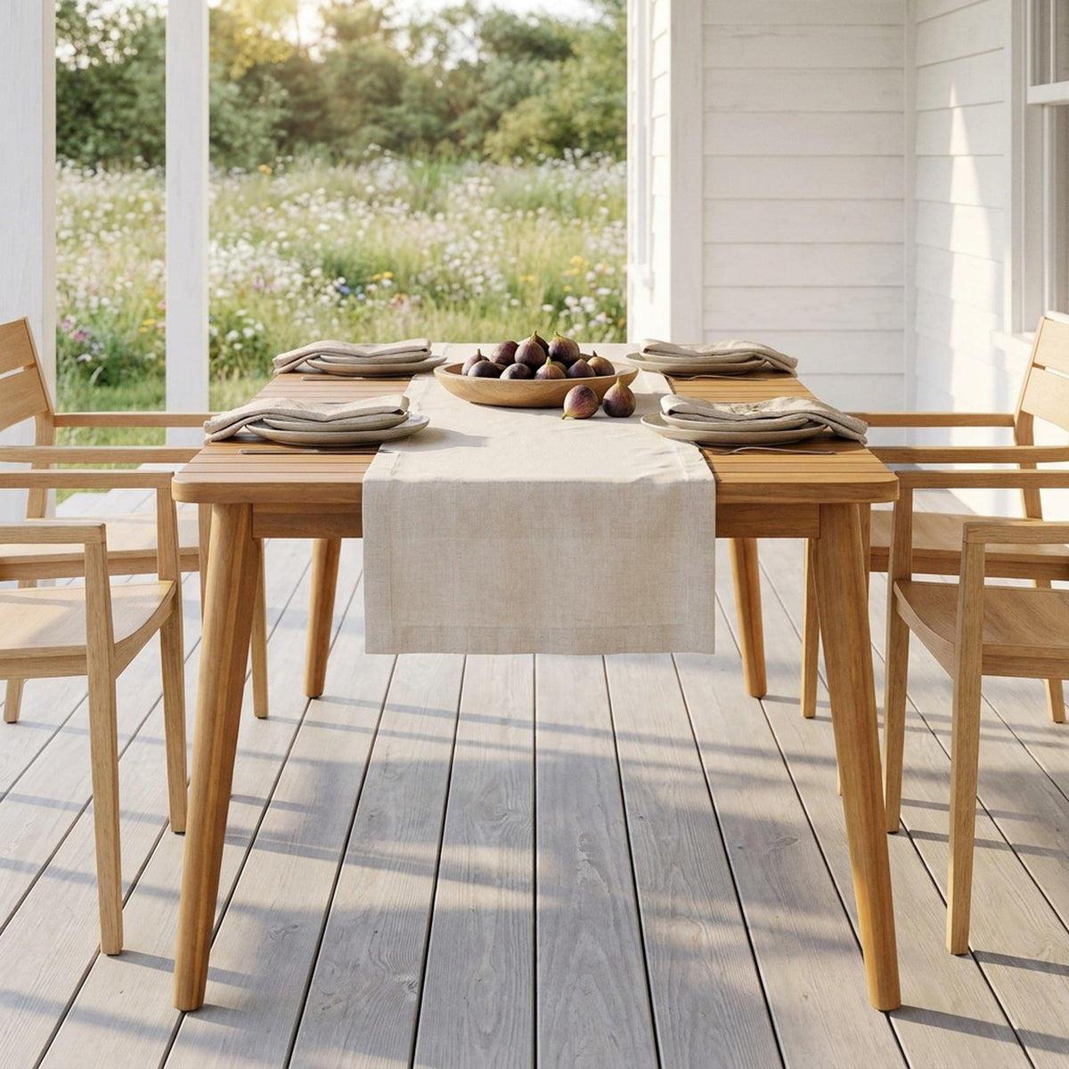 Low view of the acacia outdoor dining table on the same veranda