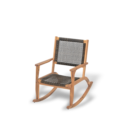 Set of 2 outdoor rocking chairs crafted from durable acacia wood with weather-resistant woven seats and backrests for porch lounging.