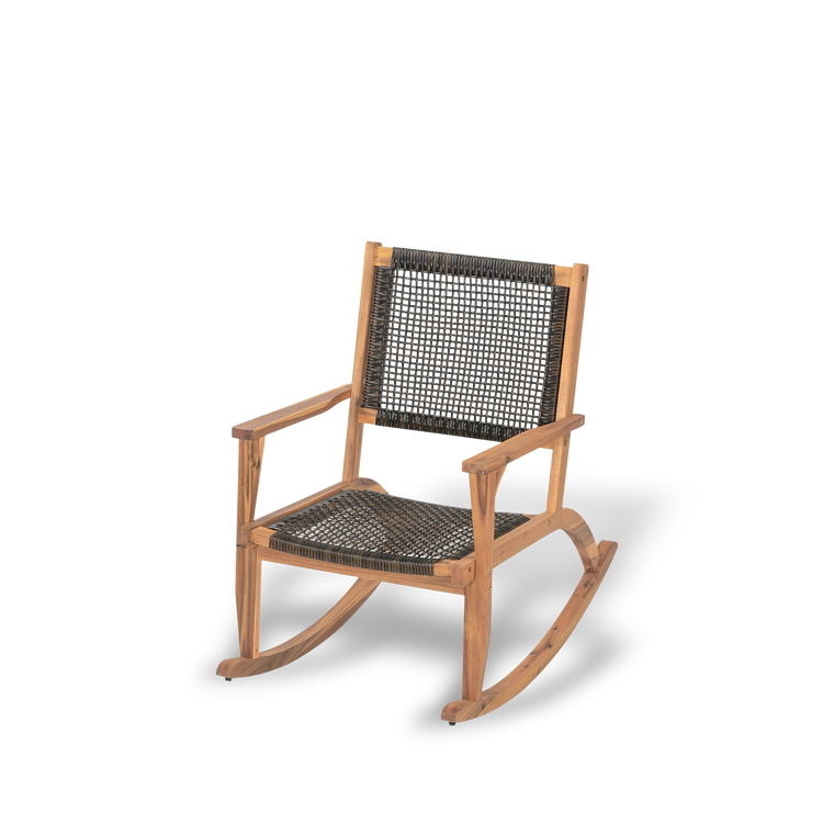 Set of 2 outdoor rocking chairs crafted from durable acacia wood with weather-resistant woven seats and backrests for porch lounging.