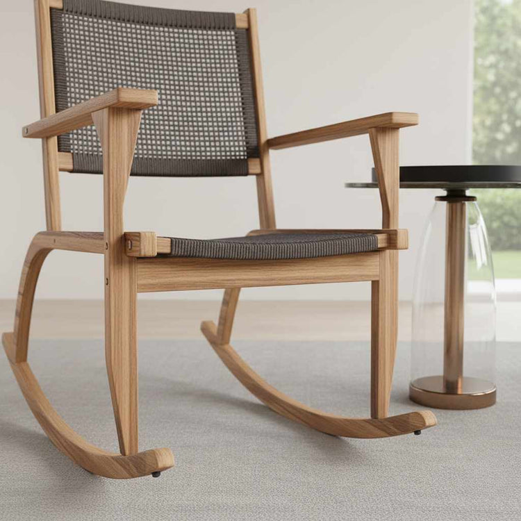 Classic set of 2 acacia wood porch rockers with breathable woven fabric; a stylish and comfortable twin-set for front porch or deck relaxation.