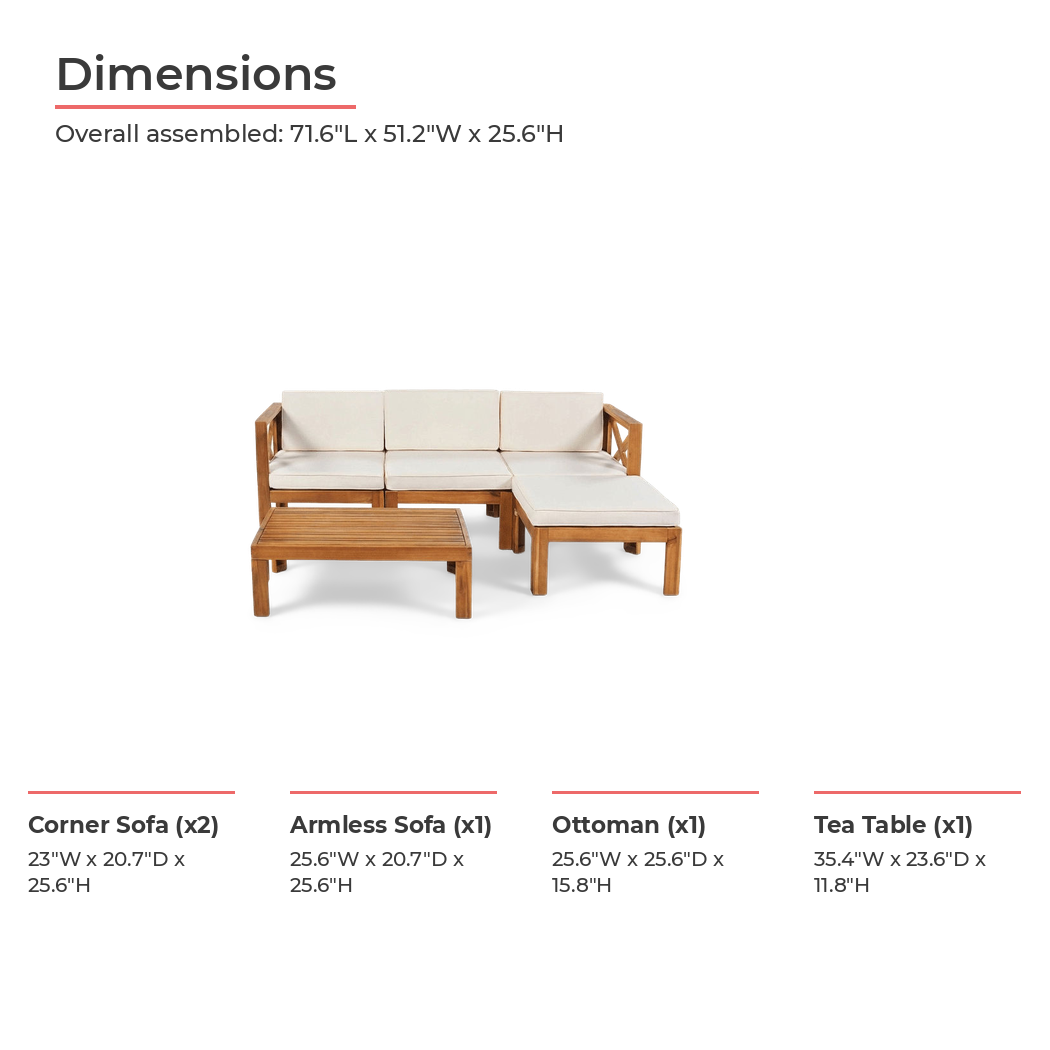 Acacia wood sectional sofa set dimensions chart, overall and per-piece measurements (dimensions)