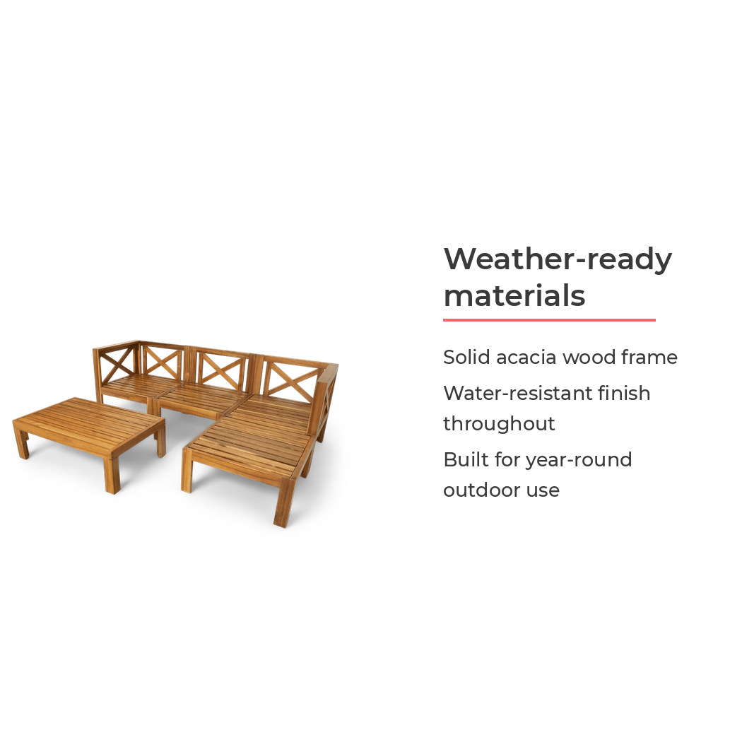 Weather-ready solid acacia wood and X-back joinery detail (feature callout)