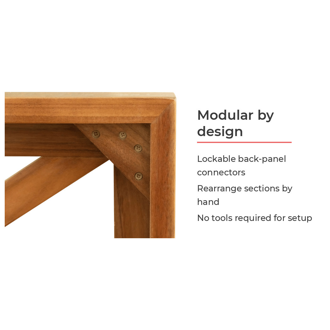 Modular design with lockable concealed connector hardware (feature callout)