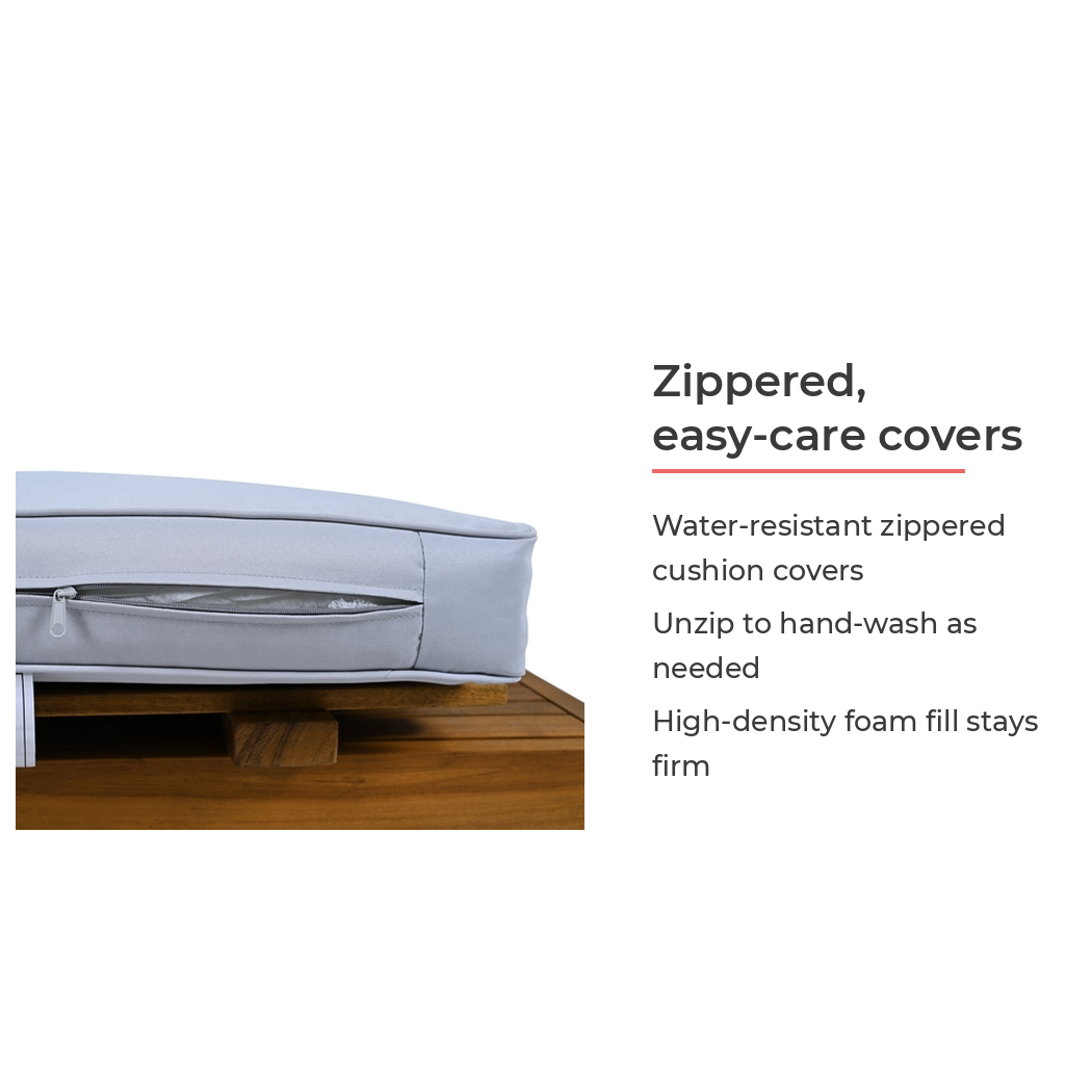Zippered, water-resistant, easy-care cushion covers (feature callout)