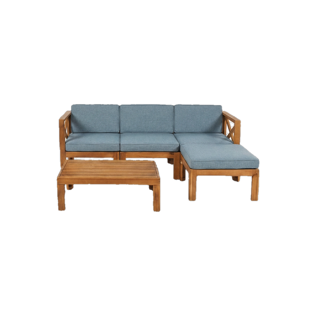 Acacia wood sectional sofa set with blue cushion fabric