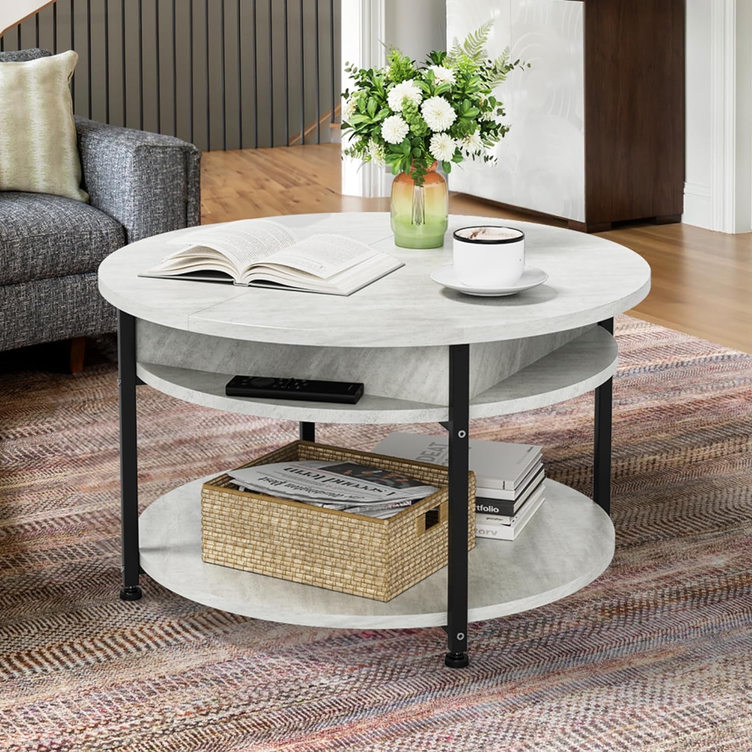 round Coffee Table with Storage, Lift Top Coffee Table with Hidden Compartment, Modern Coffee Table for Home Office Living Room, Grey