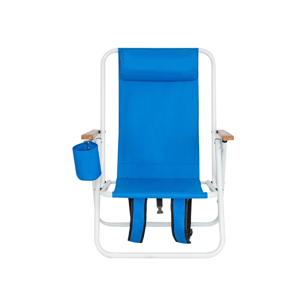 Ergonomic blue folding beach chair with a white frame and adjustable padded headrest pillow; includes wooden armrests for a high-end feel.