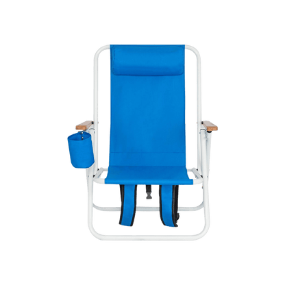 Ergonomic blue folding beach chair with a white frame and adjustable padded headrest pillow; includes wooden armrests for a high-end feel.