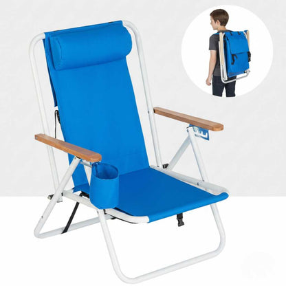 Portable blue fabric beach chair with an adjustable headrest pillow for neck support and a sturdy white iron frame, shown by a pool (feature callout)