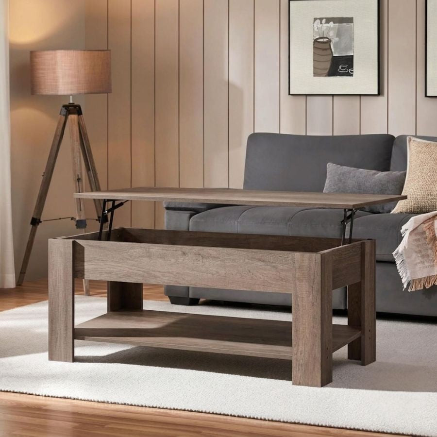 Detailed shot of the sturdy metal lift-top hinges, ensuring smooth and silent height adjustment for this versatile coffee table set.