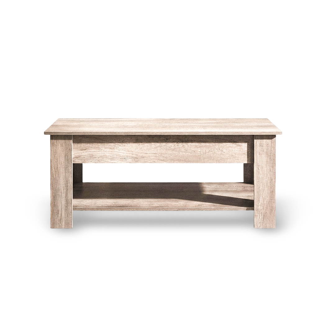 Modern adjustable lift top coffee table and matching end table set with hidden storage on a clean #f3f3f3 background.