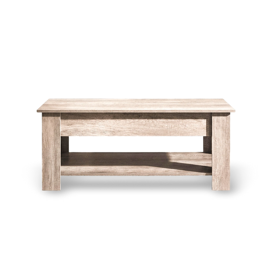 Modern adjustable lift top coffee table and matching end table set with hidden storage on a clean #f3f3f3 background.