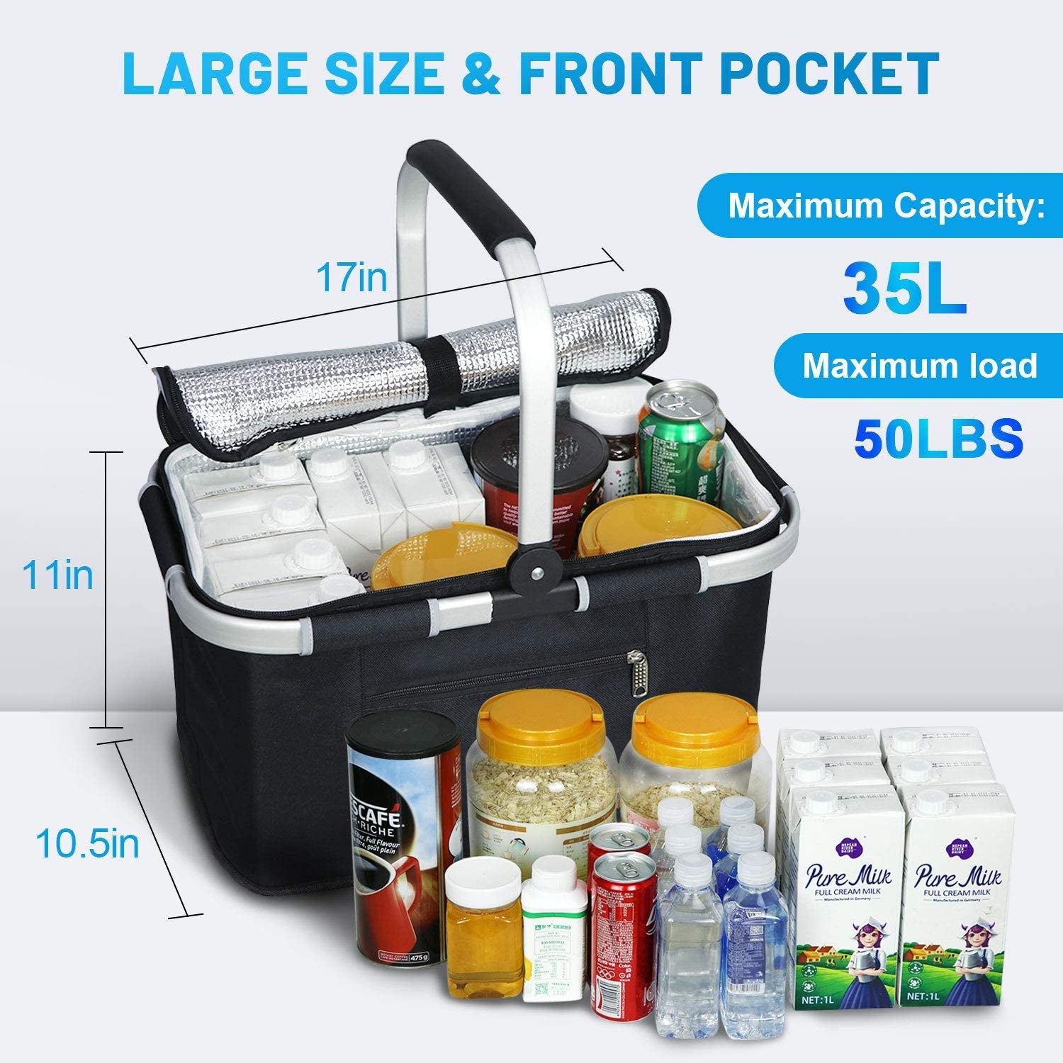 35L Large Picnic Basket Shopping Travel Camping Grocery Bags 2 Layers of Internal Pockets Leak-Proof and Insulated Folding, Internal Support Does Not Collapse