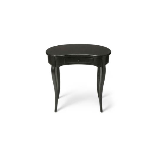 Antiqued black kidney writing desk with drawer on a plain #f3f3f3 studio ground