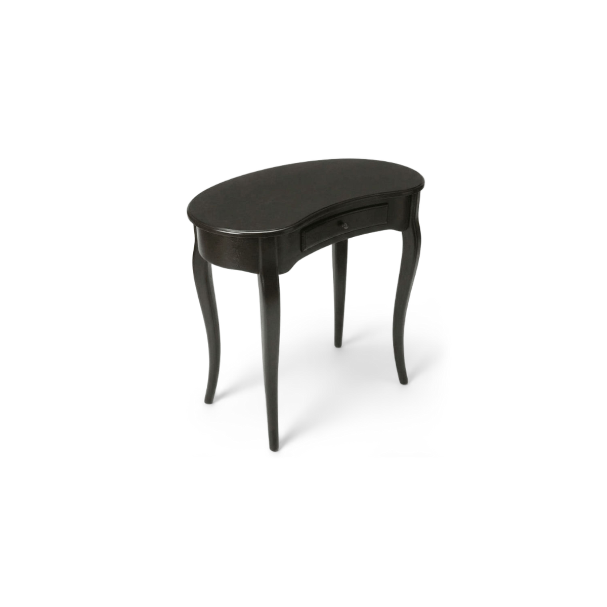 Kidney-shaped desk with cabriole legs turned at an angle on a plain #f3f3f3 studio ground
