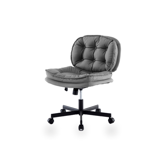 Armless grey PU leather desk chair with tufted back and caster wheels, front view (plain studio)