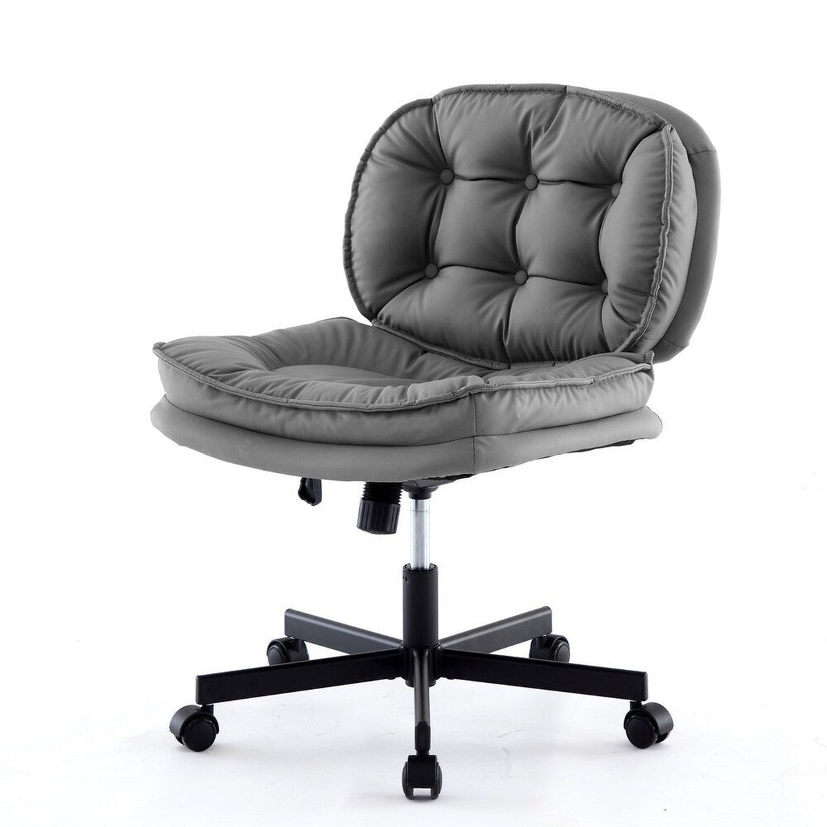Armless office desk chair with large caster wheels, tufted gray cushions, five-star wheeled base (plain studio)
