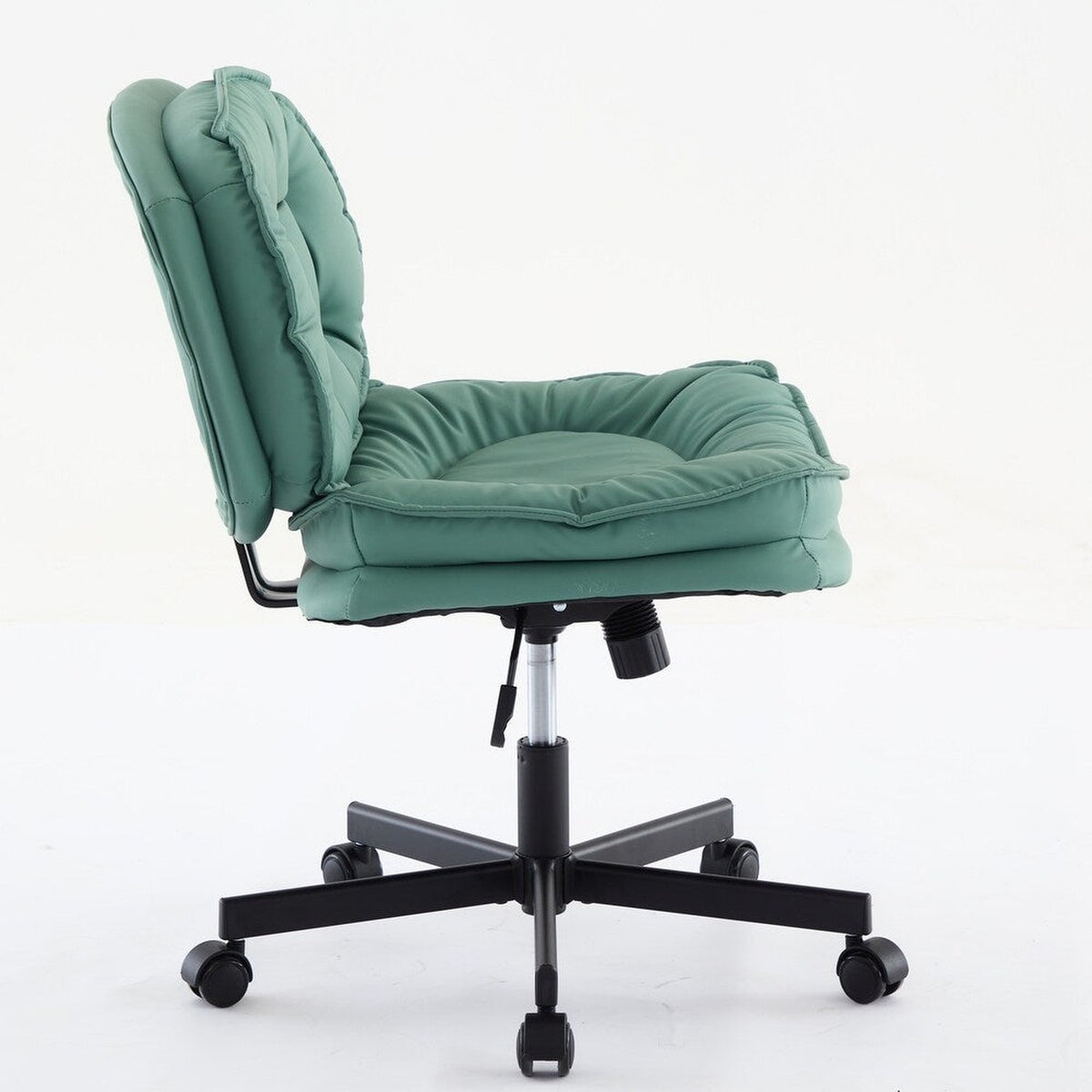 Green armless desk chair with oversized caster wheels on a five-star base.