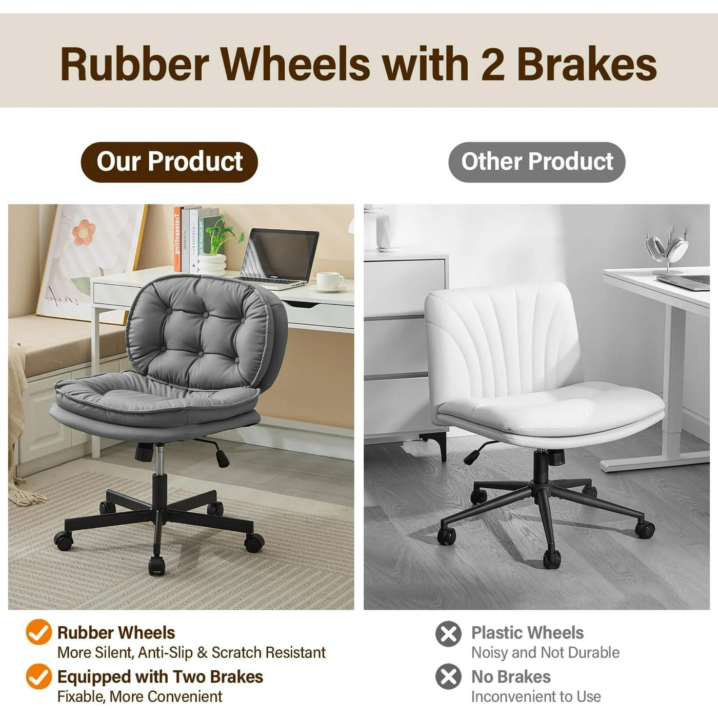 Left: armless office chair with large rubber wheels and two brakes; Right: armless chair with plastic wheels.