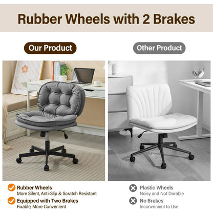Left: armless office chair with large rubber wheels and two brakes; Right: armless chair with plastic wheel (feature callout)