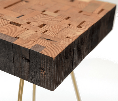 Charred torched finish detail on the reclaimed wood side table edge