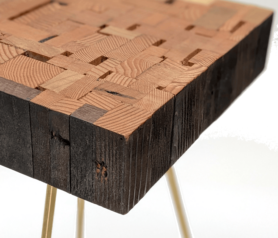 Reclaimed Wood Side Table, Handmade with Brass Hexagon Legs