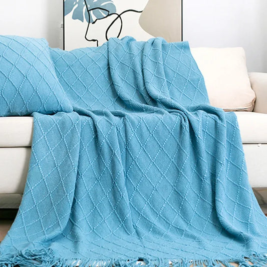 Nordic Knitted Throw Blanket with Tassels