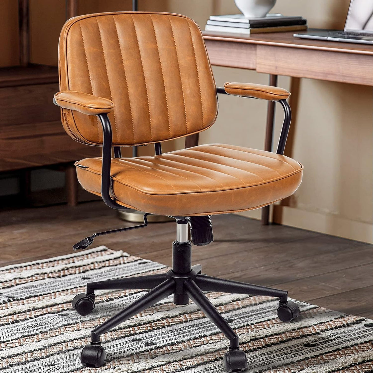 Brown Desk Chair With Wheels and Adjustable Armrests