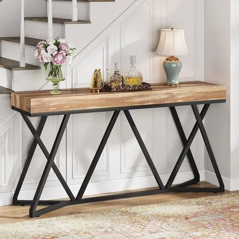 Farmhouse Console Table with Unique Metal Base