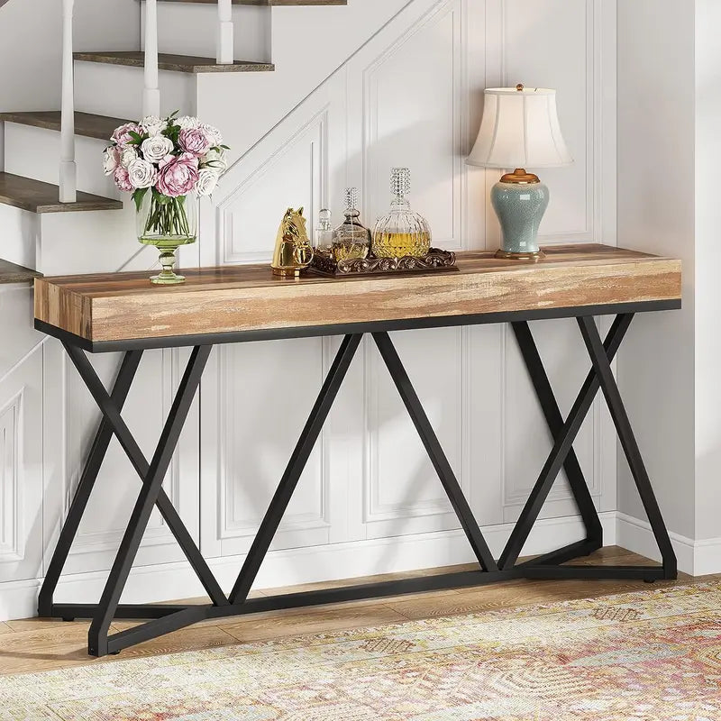 55" Farmhouse Console Table with Unique Metal Base