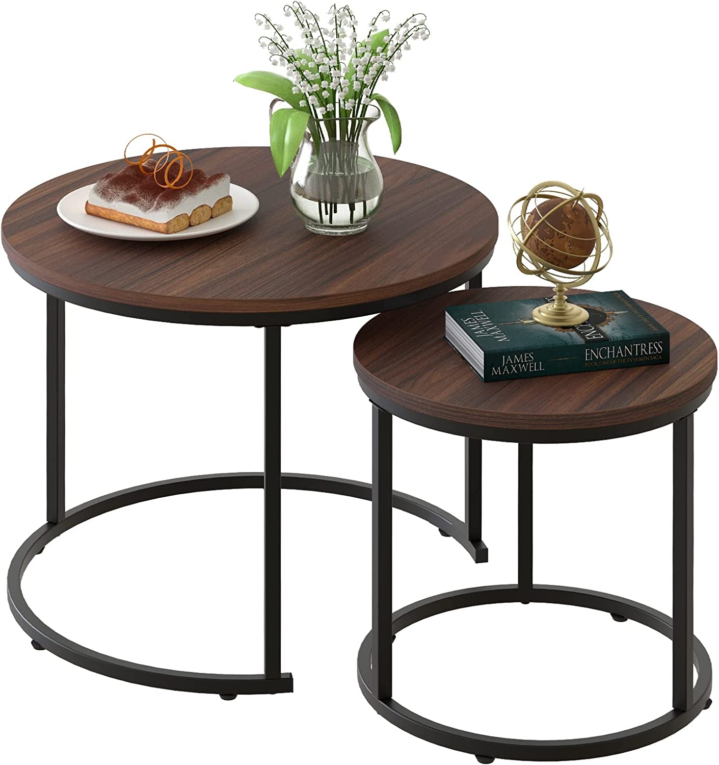 Coffee Table Nesting Side round Set of 2 End Table Top Sturdy Metal Frame Desk Centerpiece Living Room Bedroom Apartment Modern Industrial Simple Nightstand