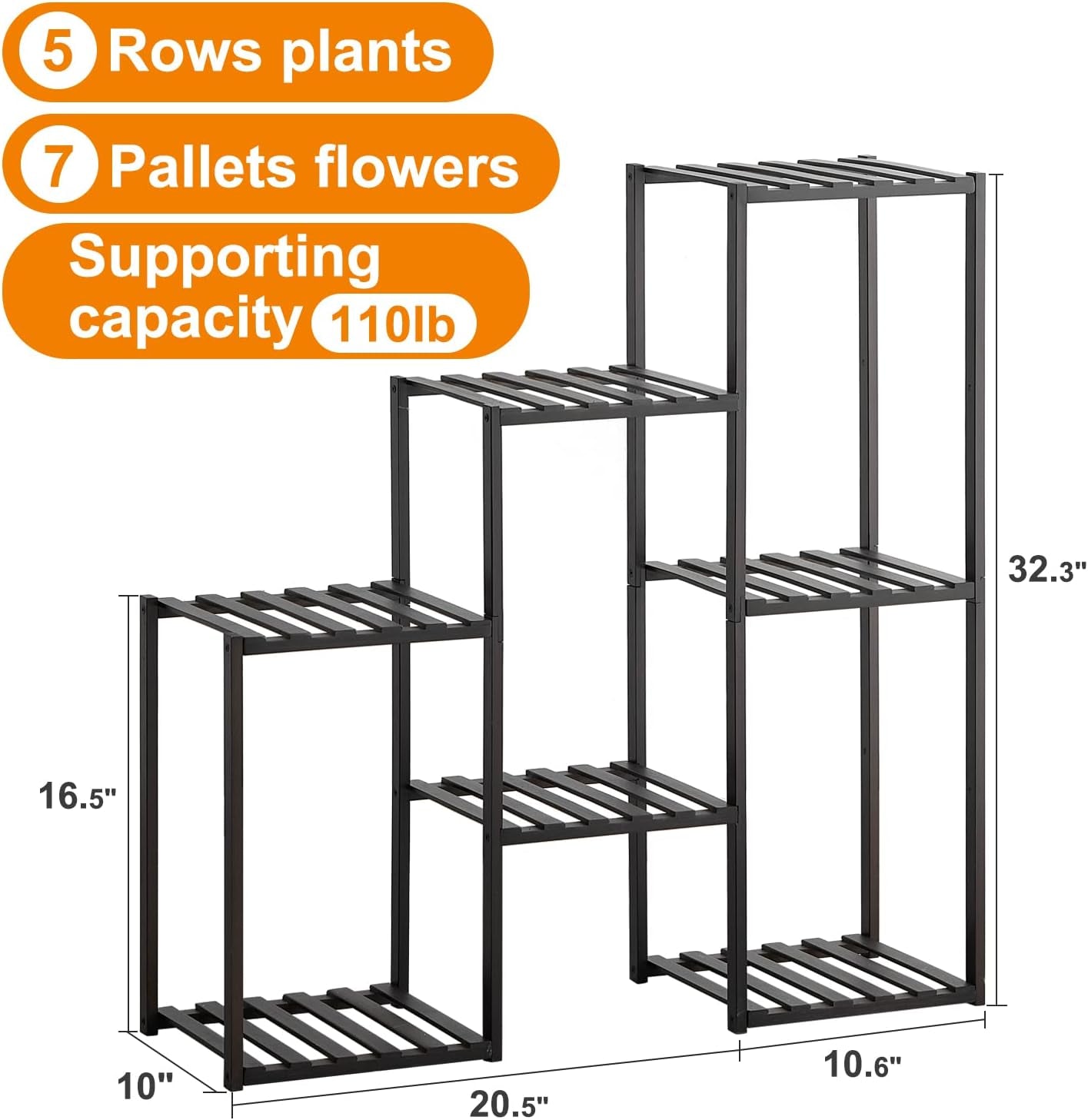 Plant Stand Indoor Plant Stands Bamboo Outdoor Tiered Plant Shelf for Multiple Plants, 3 Tiers 7 Potted Ladder Plant Holder Table Plant Pot Stand for Window Garden Balcony Living Room Corner (Black)