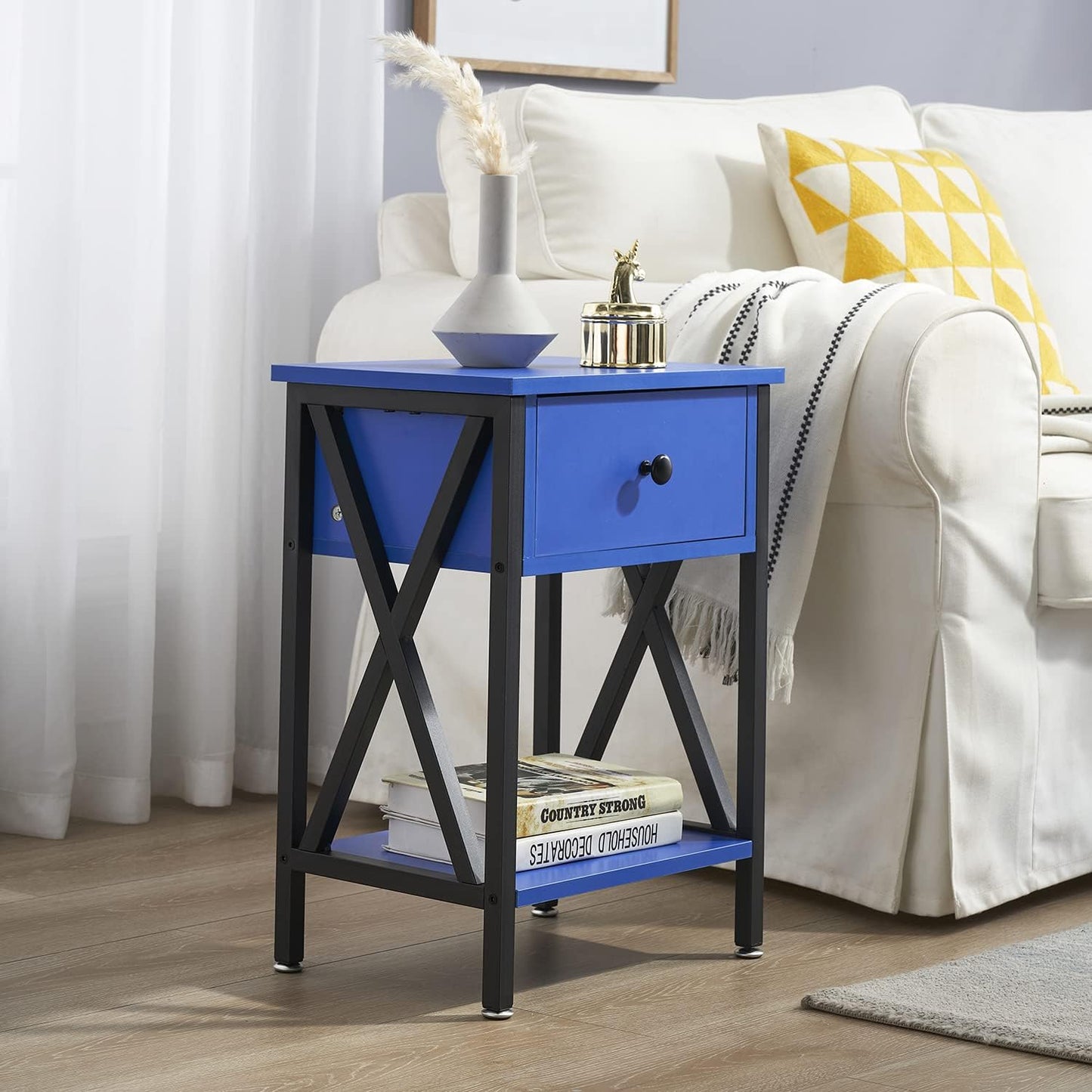 2-Piece X-Design Nightstand | Dark Blue | Drawer & Shelf