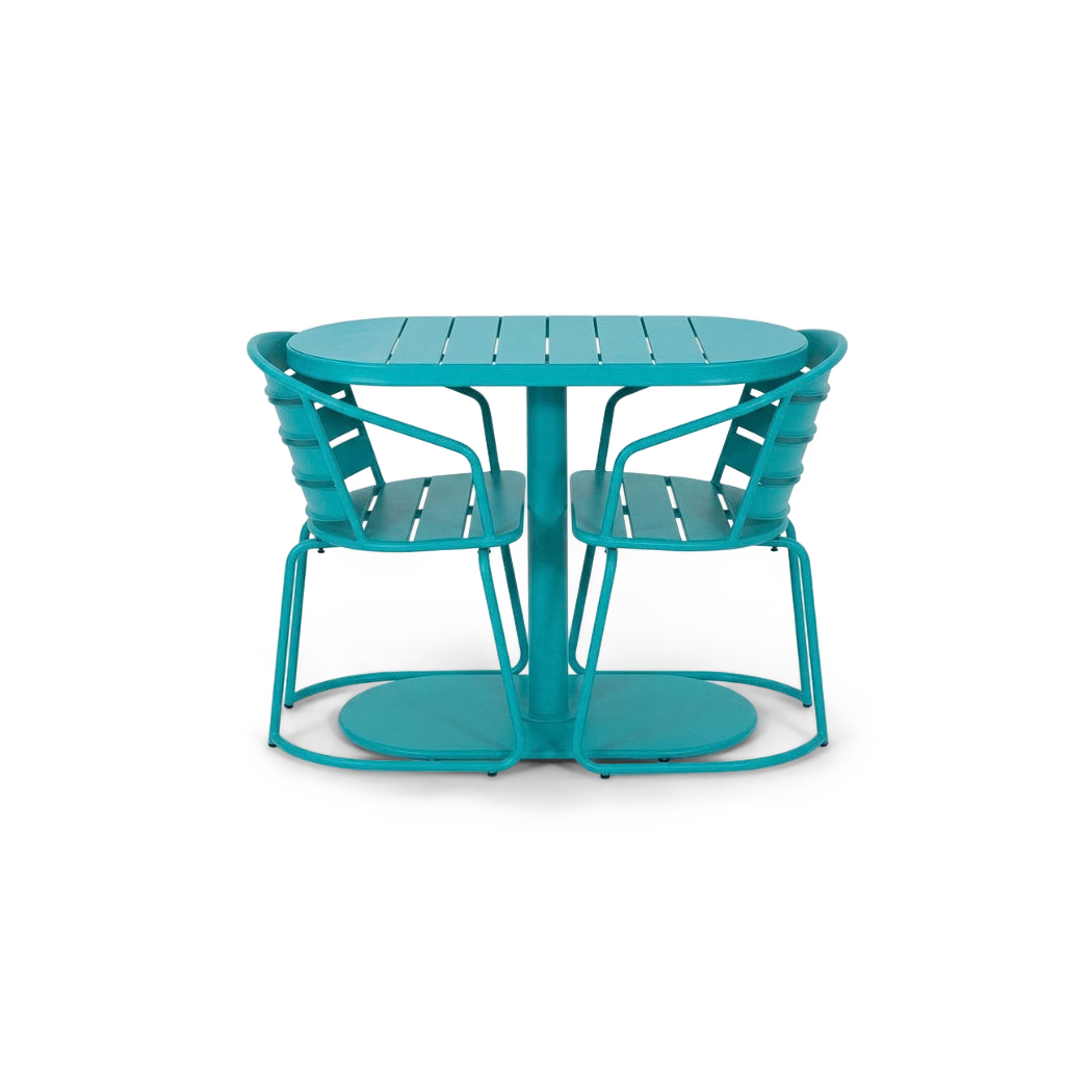 Balcony bistro set in teal, both armchairs tucked in at the oval table on #f3f3f3 studio background (plain studio)