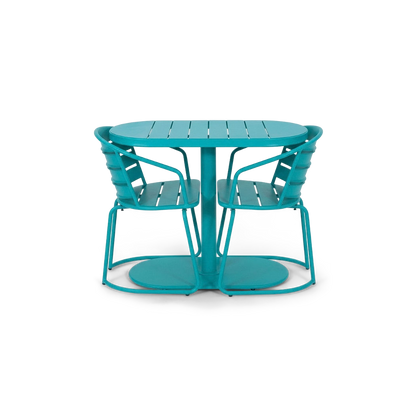 Balcony bistro set in teal, both armchairs tucked in at the oval table on #f3f3f3 studio background (plain studio)