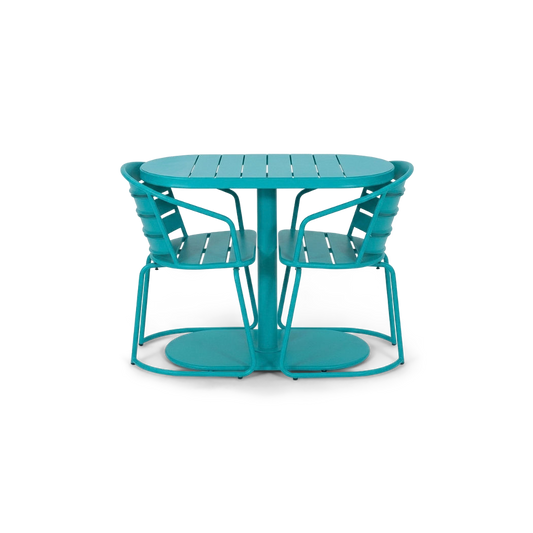 Balcony bistro set in teal, both armchairs tucked in at the oval table on #f3f3f3 studio background (plain studio)