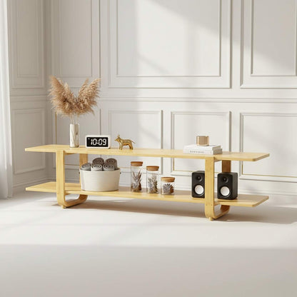 65-inch bamboo media stand with shelves and storage in natural wood finish, decorative items and speakers.