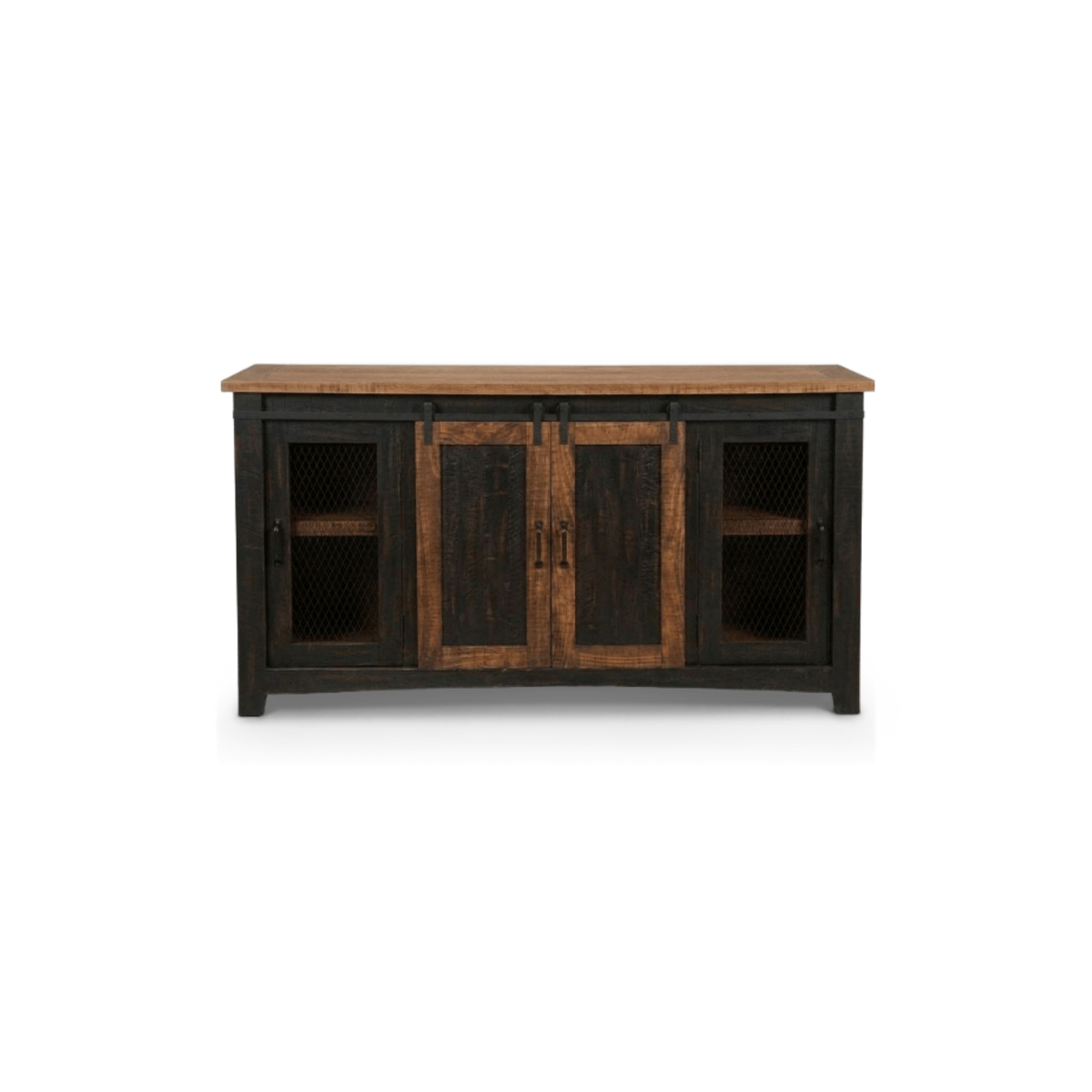 Barn door TV stand for 65 inch TVs in antique black and distressed pine, front view (plain studio)