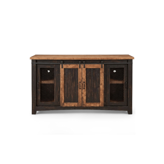 Barn door TV stand for 65 inch TVs in antique black and distressed pine, front view (plain studio)