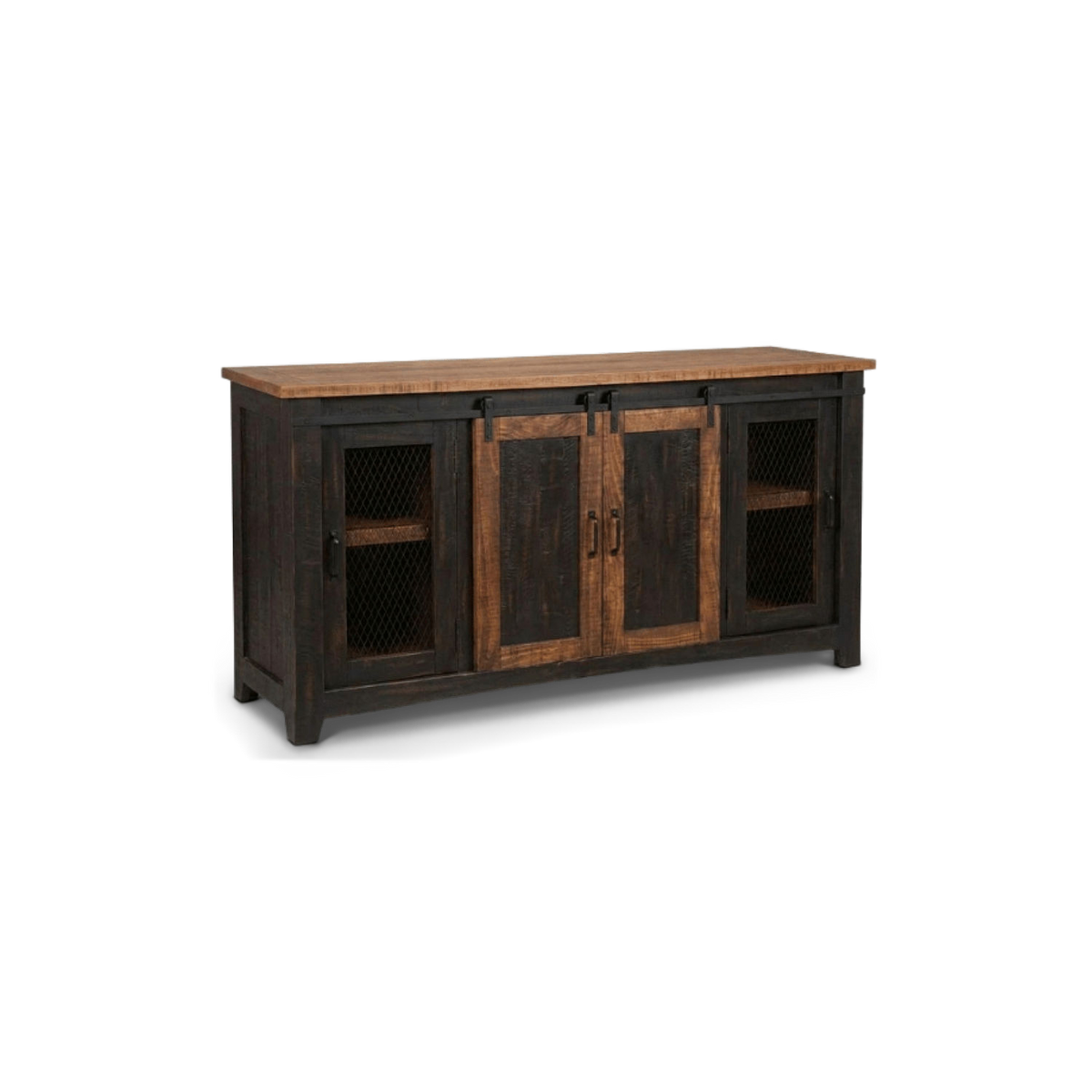 Black barn door TV stand with sliding pine doors and chicken-wire end doors, three-quarter view (plain studio)