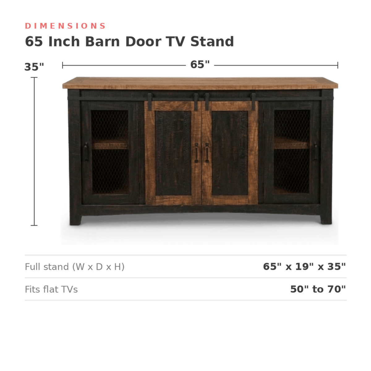Dimensions of the Barn Door TV Stand: 65 in. wide, 19 in. deep, 35 in. high (dimensions)